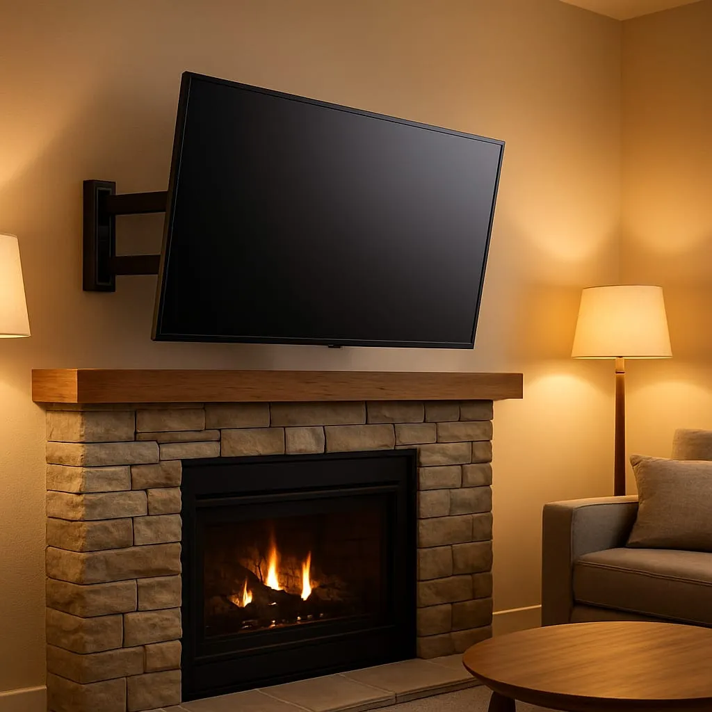 TV mounted above a fireplace with a pull-down bracket in a Tampa home