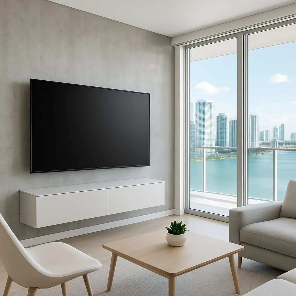 TV mounted in a bright St. Petersburg condo with water views